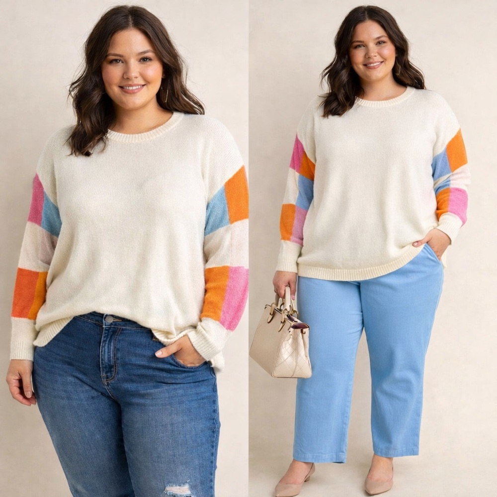 BiBi Cream Sweater with Colorful Sleeves